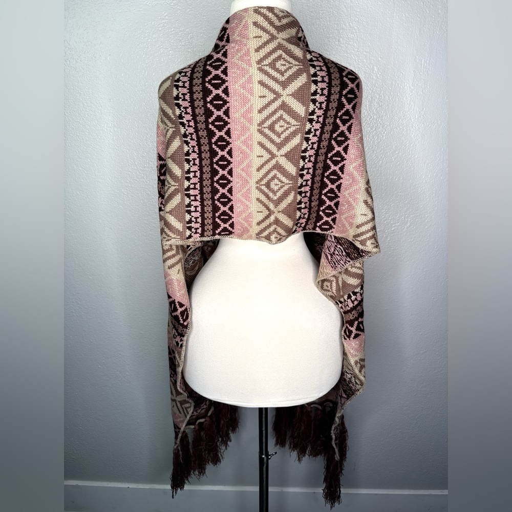 Boho Knit Fringe Scarf Shawl Wrap Pink Brown Geometric Pattern Soft Cozy Style